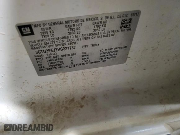 2017 GMC Sierra 1500 Denali with VIN 3GTU2PEJ2HG331787, listed as a Copart auction lot 82601664 with 112,008 mi miles and Salvage Title. Bid and sale history available at DreamBid. Image 12.
