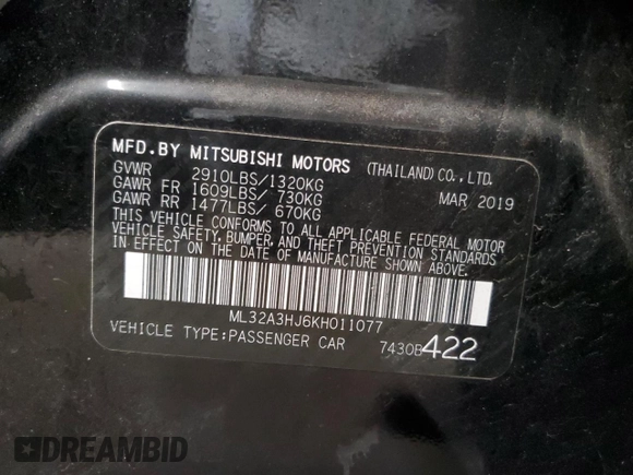 2019 Mitsubishi Mirage ES with VIN ML32A3HJ6KH011077, listed as a Copart auction lot 61005885 with 152,201 mi miles and Salvage title. Bid and sale history available at DreamBid. Image 14.