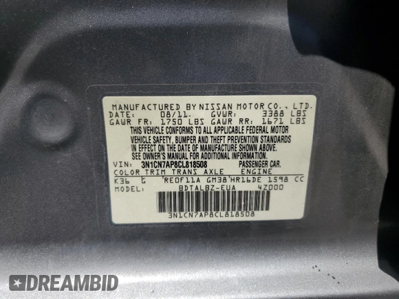 2012 Nissan Versa SV with VIN 3N1CN7AP8CL818508, listed as a Copart auction lot 63164515 with 94,455 mi miles and Salvage title. Bid and sale history available at DreamBid. Image 12.