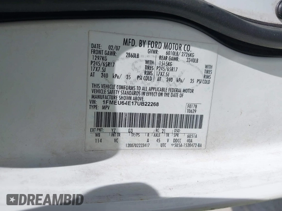2007 Ford Explorer Eddie Bauer with VIN 1FMEU64E17UB22268, listed as a IAAI auction lot 41697501 with Not provided miles and . Bid and sale history available at DreamBid. Image 9.
