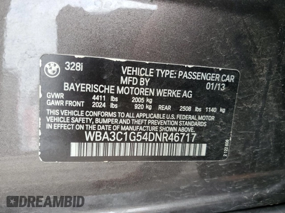 2013 BMW 3 Series 328i with VIN WBA3C1G54DNR46717, listed as a Copart auction lot 54440865 with 195,267 mi miles and Salvage Title. Bid and sale history available at carsss.com. Image 12.