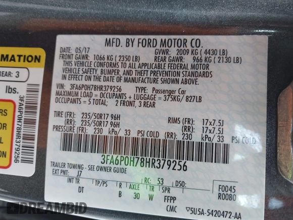 2017 Ford Fusion SE with VIN 3FA6P0H78HR379256, listed as a IAAI auction lot 42463766 with 129,066 mi miles and . Bid and sale history available at DreamBid. Image 9.