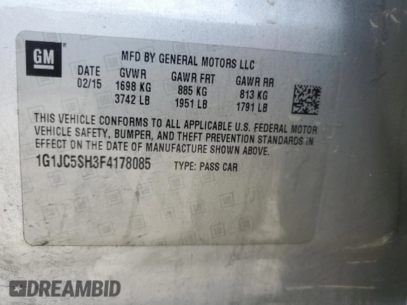 2015 Chevrolet Sonic LT with VIN 1G1JC5SH3F4178085, listed as a Copart auction lot 61368025 with 136,457 mi miles and Clean title. Bid and sale history available at DreamBid. Image 12.