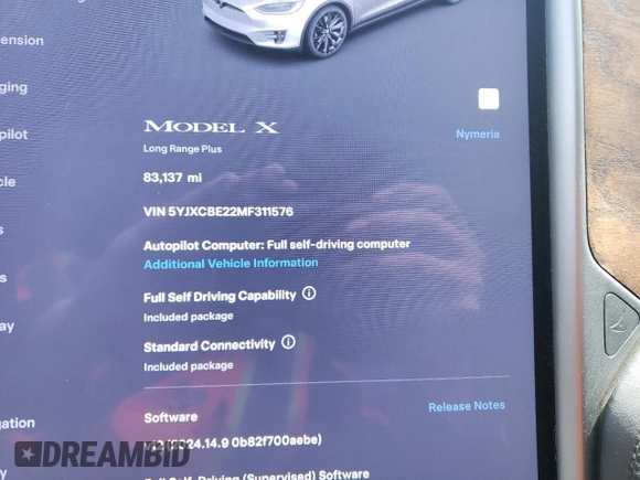 2021 Tesla Model X Long Range Plus with VIN 5YJXCBE22MF311576, listed as a Copart auction lot 53541595 with 83,137 mi miles and Salvage Title. Bid and sale history available at carsss.com. Image 9.
