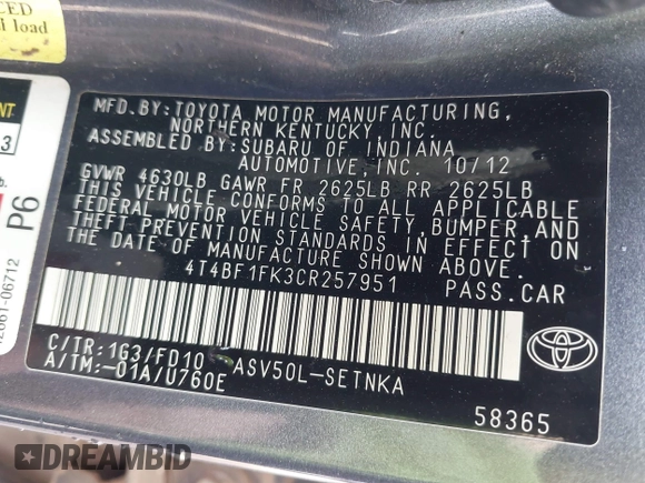 2012 Toyota Camry L with VIN 4T4BF1FK3CR257951, listed as a IAAI auction lot 41806138 with 203,109 mi miles. Bid and sale history available at carsss.com. Image 9.