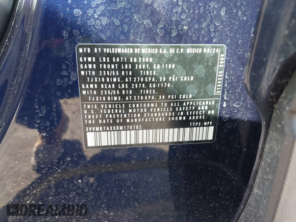 2024 Volkswagen Tiguan SE with VIN 3VVMB7AXXRM170782, listed as a IAAI auction lot 41754426 with 3,552 mi miles and . Bid and sale history available at DreamBid. Image 9.