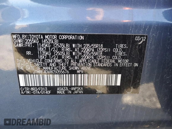 2012 Toyota RAV4 Sport with VIN JTMRF4DV8C5055676, listed as a Copart auction lot 48738015 with 157,366 mi miles and Salvage Title. Bid and sale history available at carsss.com. Image 13.