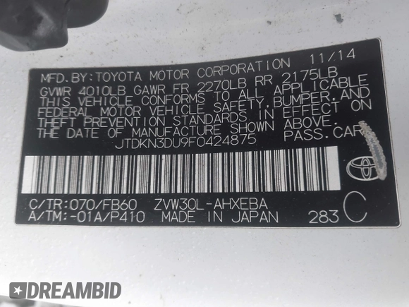 2015 Toyota Prius Four with VIN JTDKN3DU9F0424875, listed as a IAAI auction lot 41525682 with 231,098 mi miles. Bid and sale history available at carsss.com. Image 9.
