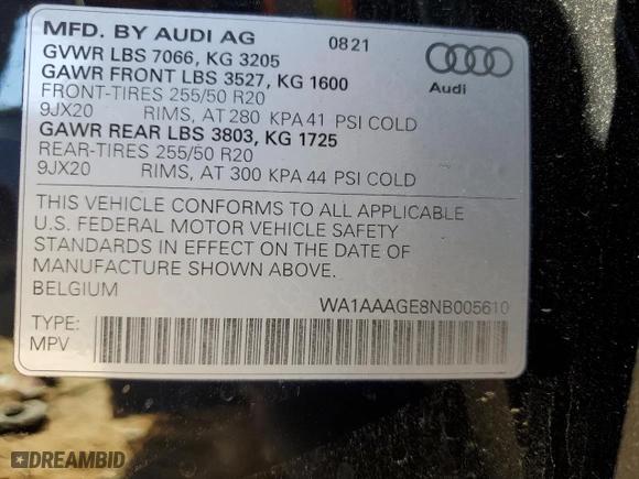 2022 Audi e-tron Premium with VIN WA1AAAGE8NB005610, listed as a Copart auction lot 63919242 with 10,000 mi miles. Bid and sale history available at carsss.com. Image 10.