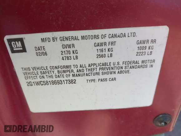 2006 Chevrolet Impala LT 3.9L with VIN 2G1WC581869317382, listed as a IAAI auction lot 41798713 with 87,463 mi miles and . Bid and sale history available at DreamBid. Image 9.
