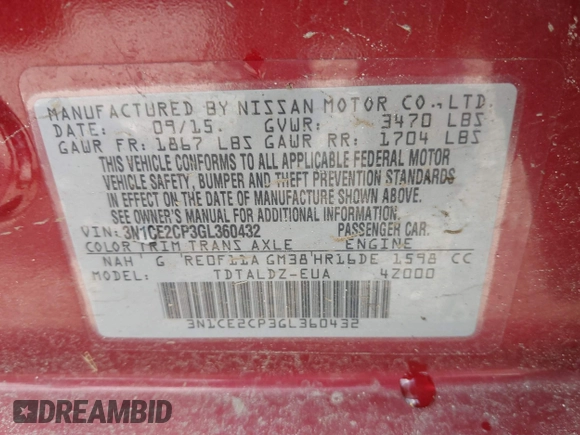 2016 Nissan Note S z VIN 3N1CE2CP3GL360432, wystawiony jako IAAI lot #42531604 z przebiegiem 84 196 mil mil oraz . Historia ofert i sprzedaży dostępna na DreamBid. Obrazek 9.