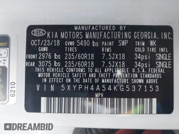 2019 Kia Sorento EX Sport with VIN 5XYPH4A54KG537153, listed as a IAAI auction lot 41960025 with Not provided miles and . Bid and sale history available at DreamBid. Image 9.