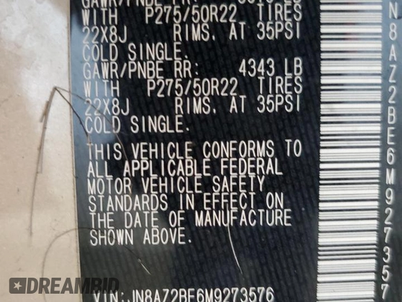 2021 Infiniti QX80 SENSORY with VIN JN8AZ2BE6M9273576, listed as a Copart auction lot 48598775 with 119,294 mi miles and Salvage Title. Bid and sale history available at carsss.com. Image 14.