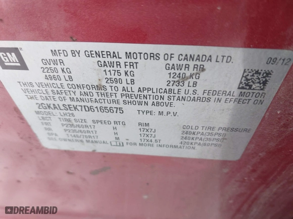 2013 GMC Terrain SLE with VIN 2GKALSEK7D6165675, listed as a IAAI auction lot 41310906 with 146,311 mi miles. Bid and sale history available at carsss.com. Image 9.