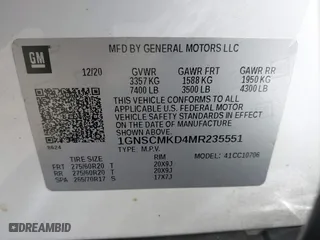 2021 Chevrolet Tahoe LS with VIN 1GNSCMKD4MR235551, listed as a IAAI auction lot 39517882 with 0 mi miles. Bid and sale history available at carsss.com. Image 9.