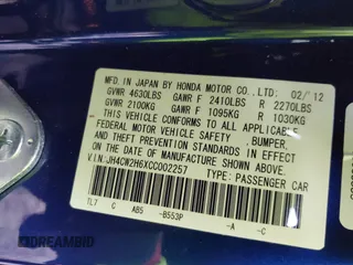 2012 Acura TSX Technology z VIN JH4CW2H6XCC002257, wystawiony jako IAAI lot #42159892 z przebiegiem 75 669 mil mil oraz . Historia ofert i sprzedaży dostępna na DreamBid. Obrazek 9.