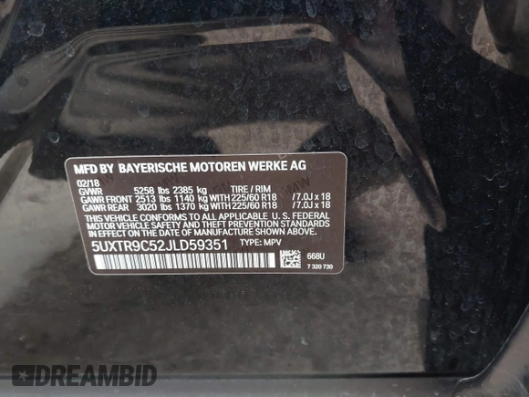 2018 BMW X3 xDrive30i with VIN 5UXTR9C52JLD59351, listed as a IAAI auction lot 42126069 with 30,806 mi miles and . Bid and sale history available at DreamBid. Image 9.