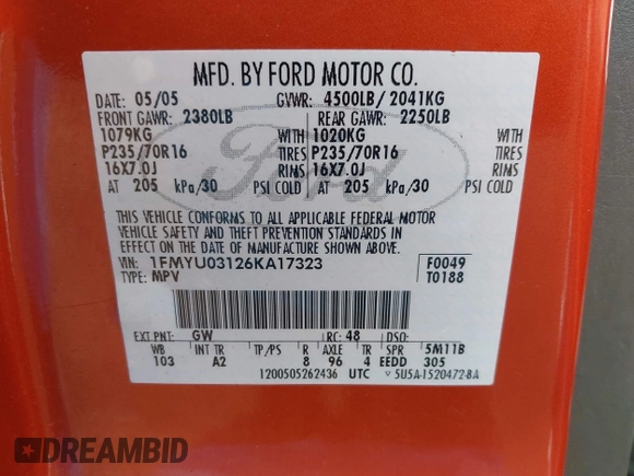 2006 Ford Escape XLT with VIN 1FMYU03126KA17323, listed as a IAAI auction lot 42048363 with 119,296 mi miles and . Bid and sale history available at DreamBid. Image 9.