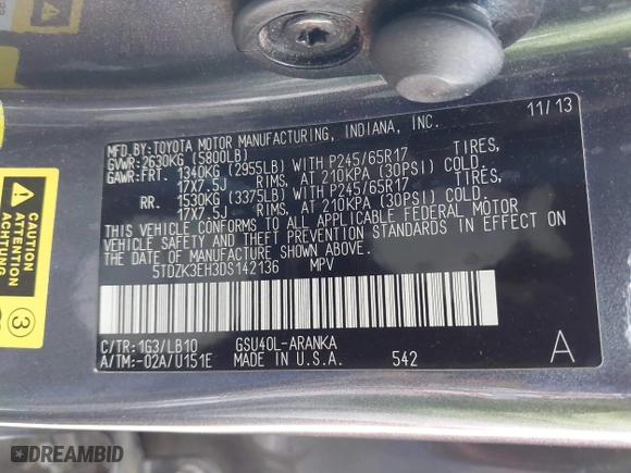 2013 Toyota Highlander with VIN 5TDZK3EH3DS142136, listed as a IAAI auction lot 41801734 with 158,735 mi miles. Bid and sale history available at carsss.com. Image 9.