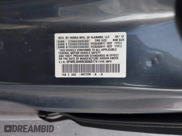 2012 Honda Odyssey EX-L с VIN 5FNRL5H69CB060174, выставлен на аукционе IAAI как лот 42335345 с пробегом 150 457 миль миль и . История ставок и продаж доступна на DreamBid. Изображение 9.