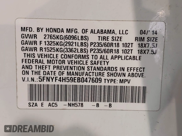 2014 Honda Pilot EX-L with VIN 5FNYF4H59EB047609, listed as a IAAI auction lot 42071353 with 148,661 mi miles and . Bid and sale history available at carsss.com. Image 9.