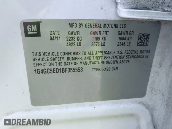 2011 Buick LaCrosse CXL with VIN 1G4GC5ED1BF355558, listed as a IAAI auction lot 41950822 with 279,381 mi miles. Bid and sale history available at carsss.com. Image 9.