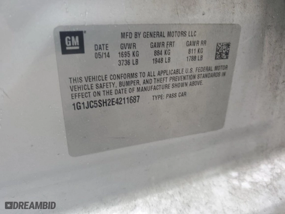 2014 Chevrolet Sonic LT with VIN 1G1JC5SH2E4211687, listed as a Copart auction lot 52481945 with 81,282 mi miles and Salvage Title. Bid and sale history available at carsss.com. Image 12.