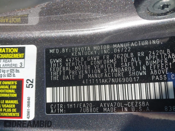 2022 Toyota Camry SE with VIN 4T1T11AK7NU690017, listed as a IAAI auction lot 41628839 with 38,678 mi miles. Bid and sale history available at carsss.com. Image 9.