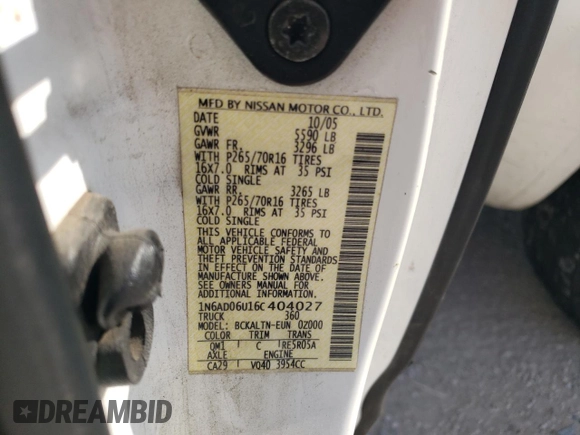 2006 Nissan Frontier SE with VIN 1N6AD06U16C404027, listed as a Copart auction lot 74909184 with 200,572 mi miles and Salvage title. Bid and sale history available at DreamBid. Image 14.