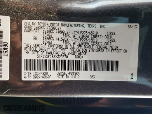 2014 Toyota Tundra SR5 z VIN 5TFDY5F16EX323670, wystawiony jako Copart lot #59953165 z przebiegiem 75 117 mil mil oraz Szkoda całkowita • Salvage title. Historia ofert i sprzedaży dostępna na DreamBid. Obrazek 12.