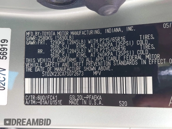 2007 Toyota Sienna CE with VIN 5TDZK23CX7S072673, listed as a IAAI auction lot 41904733 with 188,680 mi miles and . Bid and sale history available at DreamBid. Image 9.
