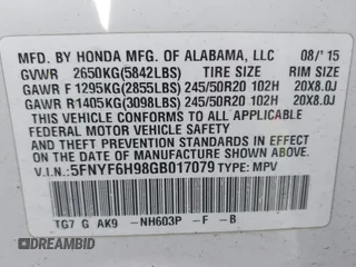 2016 Honda Pilot Touring with VIN 5FNYF6H98GB017079, listed as a IAAI auction lot 42055272 with 142,726 mi miles and . Bid and sale history available at DreamBid. Image 9.