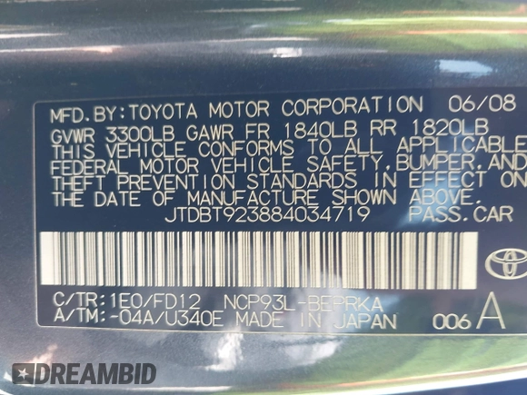2008 Toyota Yaris с VIN JTDBT923884034719, выставлен на аукционе IAAI как лот 42354924 с пробегом 163 225 миль миль и . История ставок и продаж доступна на DreamBid. Изображение 9.