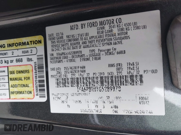 2016 Ford Mustang EcoBoost with VIN 1FA6P8TH1G5289978, listed as a IAAI auction lot 41078580 with Not Provided miles. Bid and sale history available at carsss.com. Image 9.
