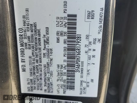 2016 Ford Fusion SE with VIN 3FA6P0H76GR179281, listed as a Copart auction lot 47288245 with 105,352 mi miles and Salvage Title. Bid and sale history available at DreamBid. Image 12.