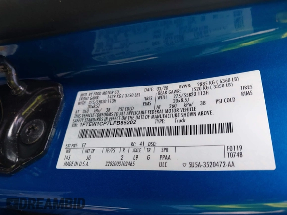2020 Ford F-150 XL z VIN 1FTEW1CP7LFB85202, wystawiony jako IAAI lot #42363113 z przebiegiem 79 557 mil mil oraz . Historia ofert i sprzedaży dostępna na DreamBid. Obrazek 9.