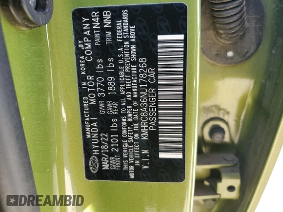 2022 Hyundai Venue SEL with VIN KMHRC8A36NU178268, listed as a Copart auction lot 49388295 with 51,330 mi miles and Salvage Title. Bid and sale history available at DreamBid. Image 13.
