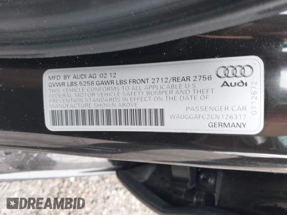 2012 Audi A6 Premium Plus with VIN WAUGGAFC2CN126317, listed as a IAAI auction lot 42407579 with 131,644 mi miles and . Bid and sale history available at DreamBid. Image 9.