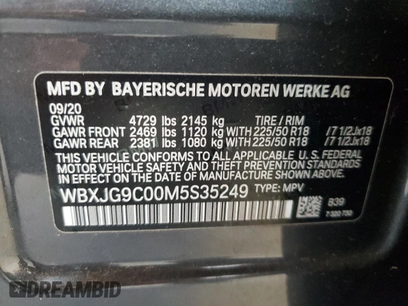 2021 BMW X1 xDrive28i with VIN WBXJG9C00M5S35249, listed as a Copart auction lot 61895775 with 34,641 mi miles and Salvage title. Bid and sale history available at DreamBid. Image 13.