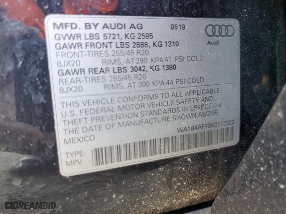 2019 Audi SQ5 Premium Plus with VIN WA1B4AFY8K2112322, listed as a Copart auction lot 47419445 with 97,717 mi miles and Salvage Title. Bid and sale history available at carsss.com. Image 13.