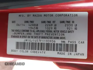 2015 Mazda 6 i Sport with VIN JM1GJ1U57F1193936, listed as a IAAI auction lot 41816593 with 147,751 mi miles. Bid and sale history available at carsss.com. Image 9.