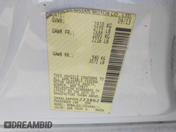 2014 Nissan Altima S with VIN 1N4AL3AP4EN223862, listed as a IAAI auction lot 42004392 with 140,450 mi miles and . Bid and sale history available at DreamBid. Image 9.