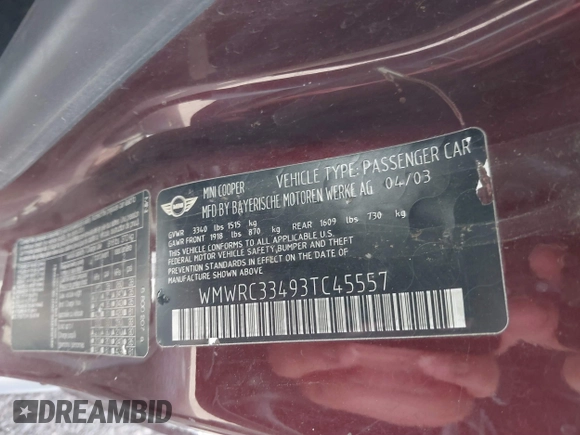 2003 MINI Hardtop with VIN WMWRC33493TC45557, listed as a IAAI auction lot 41868476 with 114,848 mi miles and . Bid and sale history available at DreamBid. Image 9.