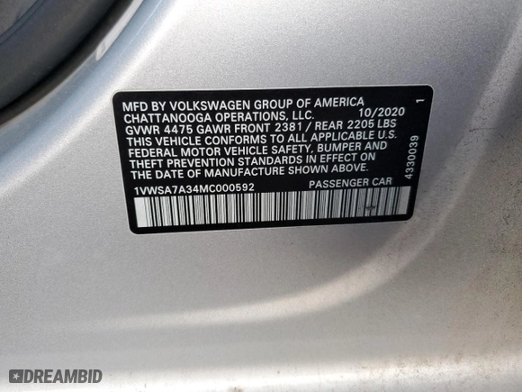 2021 Volkswagen Passat 2.0T SE with VIN 1VWSA7A34MC000592, listed as a Copart auction lot 75021444 with 73,927 mi miles and Salvage Title. Bid and sale history available at carsss.com. Image 14.