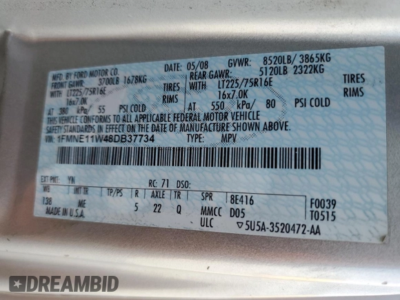 2008 Ford Econoline Passenger XL with VIN 1FMNE11W48DB37734, listed as a Copart auction lot 78738854 with 154,122 mi miles and Clean Title. Bid and sale history available at DreamBid. Image 13.