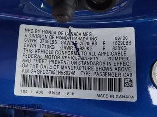 2020 Honda Civic Sedan Sport with VIN 2HGFC2F85LH588246, listed as a IAAI auction lot 41209597 with 45,220 mi miles. Bid and sale history available at carsss.com. Image 9.