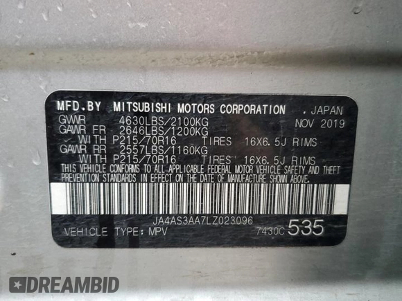 2020 Mitsubishi Eclipse Cross ES z VIN JA4AS3AA7LZ023096, wystawiony jako Copart lot #42303965 z przebiegiem 81 922 mil mil oraz Szkoda całkowita • Salvage title. Historia ofert i sprzedaży dostępna na DreamBid. Obrazek 13.