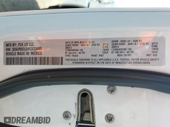 2021 Ram 2500 Big Horn z VIN 3C6UR5DL5MG633465, wystawiony jako Copart lot #47214265 z przebiegiem 73 693 mil mil oraz Szkoda całkowita • Salvage title. Historia ofert i sprzedaży dostępna na DreamBid. Obrazek 13.