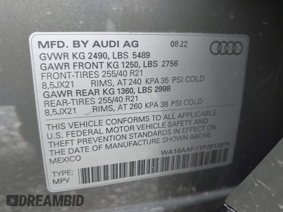2023 Audi Q5 Sportback S line Prestige with VIN WA16AAFY1P2013875, listed as a IAAI auction lot 42260587 with 19,763 mi miles and . Bid and sale history available at DreamBid. Image 9.