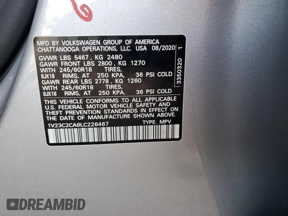 2020 Volkswagen Atlas SE with VIN 1V23C2CA6LC226467, listed as a Copart auction lot 55498015 with 125,211 mi miles and Non repairable. Bid and sale history available at DreamBid. Image 14.